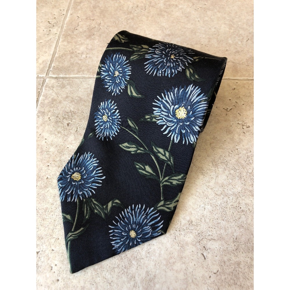 Surrey Black Neck Tie Silk Blue Flowers